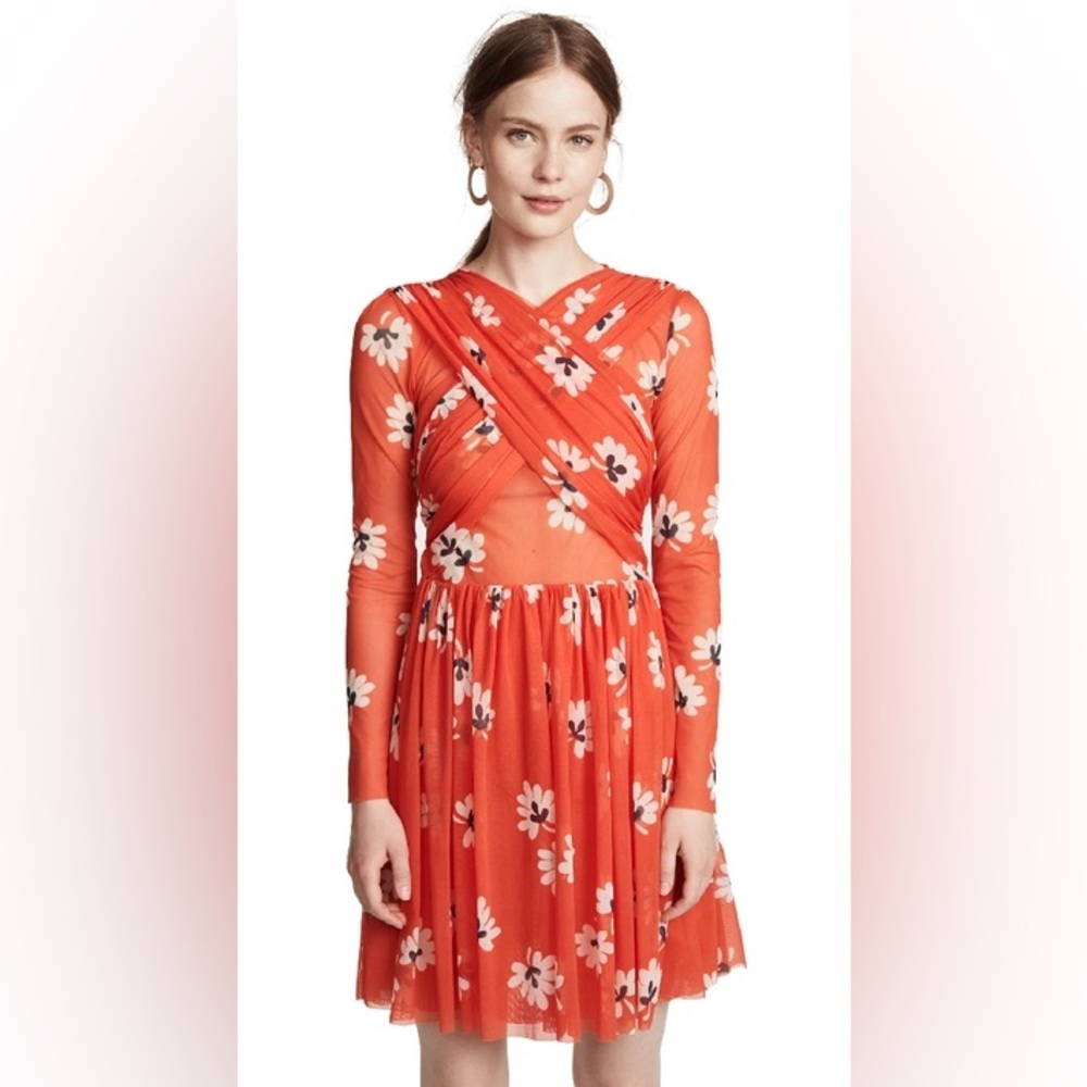 GANNI Big Apple Red Floral Long Sleeve Tilden Sheer Mesh Dress